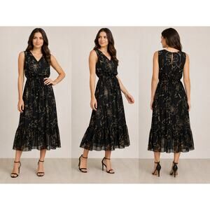 Alexa B Woman Black Floral Sleeveless Midi Dress Tie Waist Size 16W